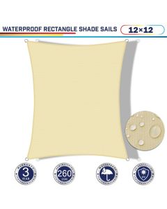 Windscreen4less Waterproof 12ft x 12ft in Color Beige Sun Shade Sail Terylene UV Blocker Rectangle Sunshade Patio Canopy Sail  (3 Year Warranty)