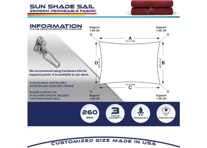 Red waterproof custom size 5-24ft x 5-24ft x ft rectangle polyester sun  shade sail canopy - Windscreen4less