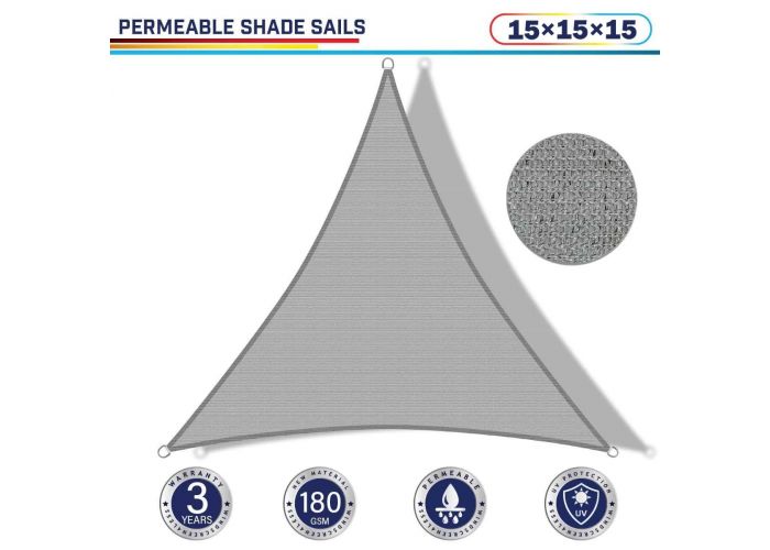 Windscreen4less 15ft x 15ft x 15ft Triangle Curve Edge Sun Shade Sail Canopy in Color Light Gray for Outdoor Patio Backyard UV Block Awning with Steel D-Rings 180GSM (3 Year Warranty) - Customized Sizes Available