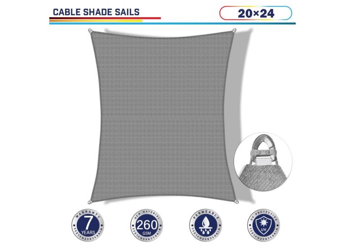 Steel wire light gray rectangle 20ft x 24ft A-Ring polyethylene 260gsm  heavy duty sun shade sail canopy - Windscreen4less